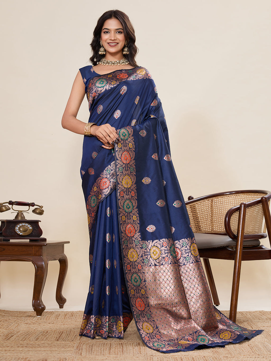 Vedant Vastram Soft Litchi Silk Banarasi Silk Jacquard Saree - Navy Blue - Distacart