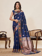 Vedant Vastram Soft Litchi Silk Banarasi Silk Jacquard Saree - Navy Blue - Distacart