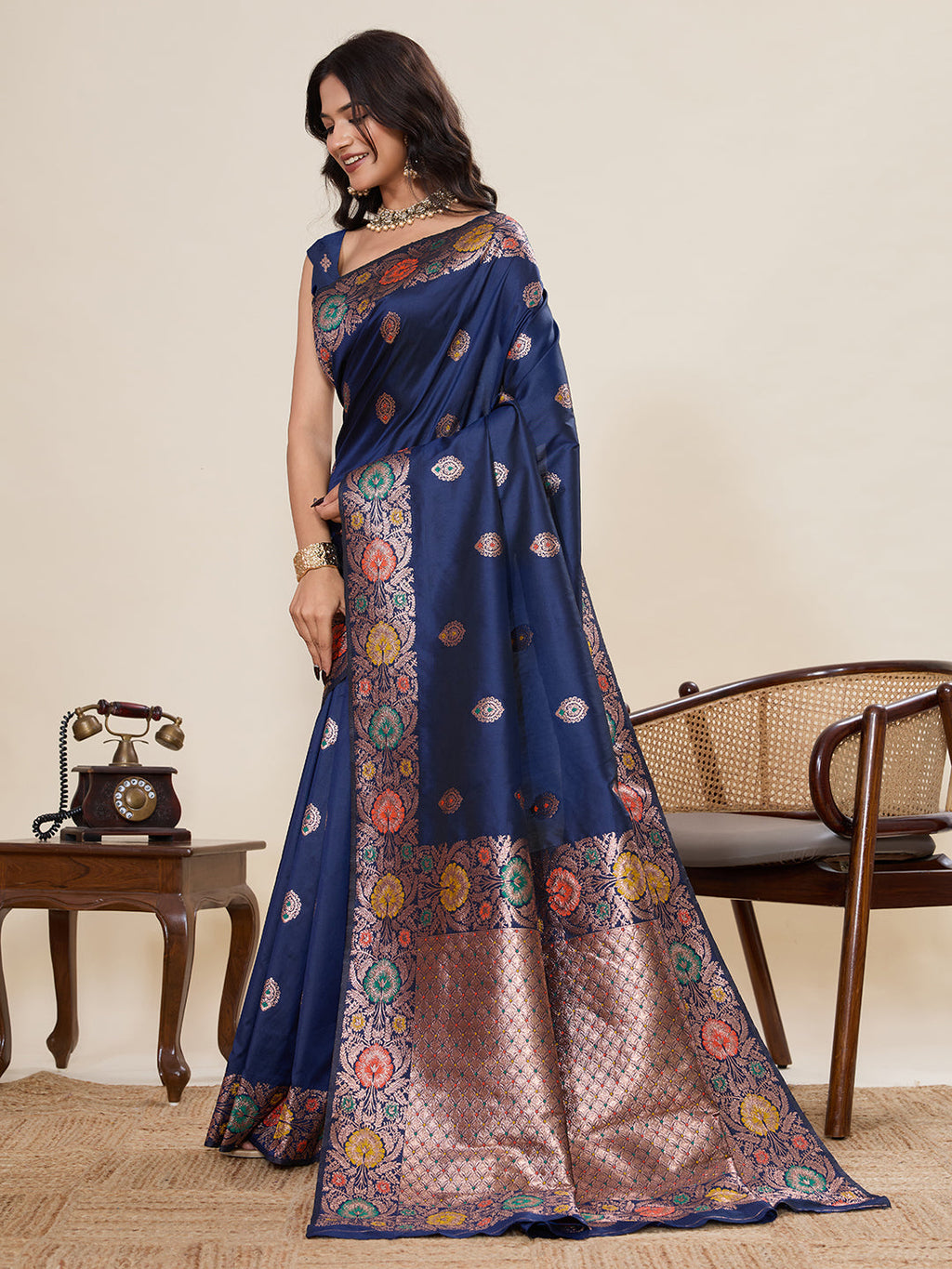 Vedant Vastram Soft Litchi Silk Banarasi Silk Jacquard Saree - Navy Blue - Distacart