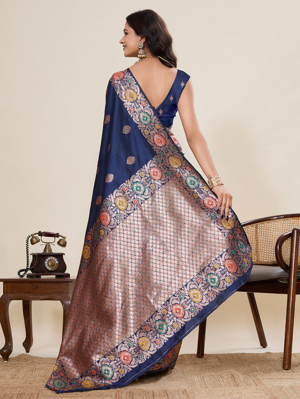 Vedant Vastram Soft Litchi Silk Banarasi Silk Jacquard Saree - Navy Blue - Distacart