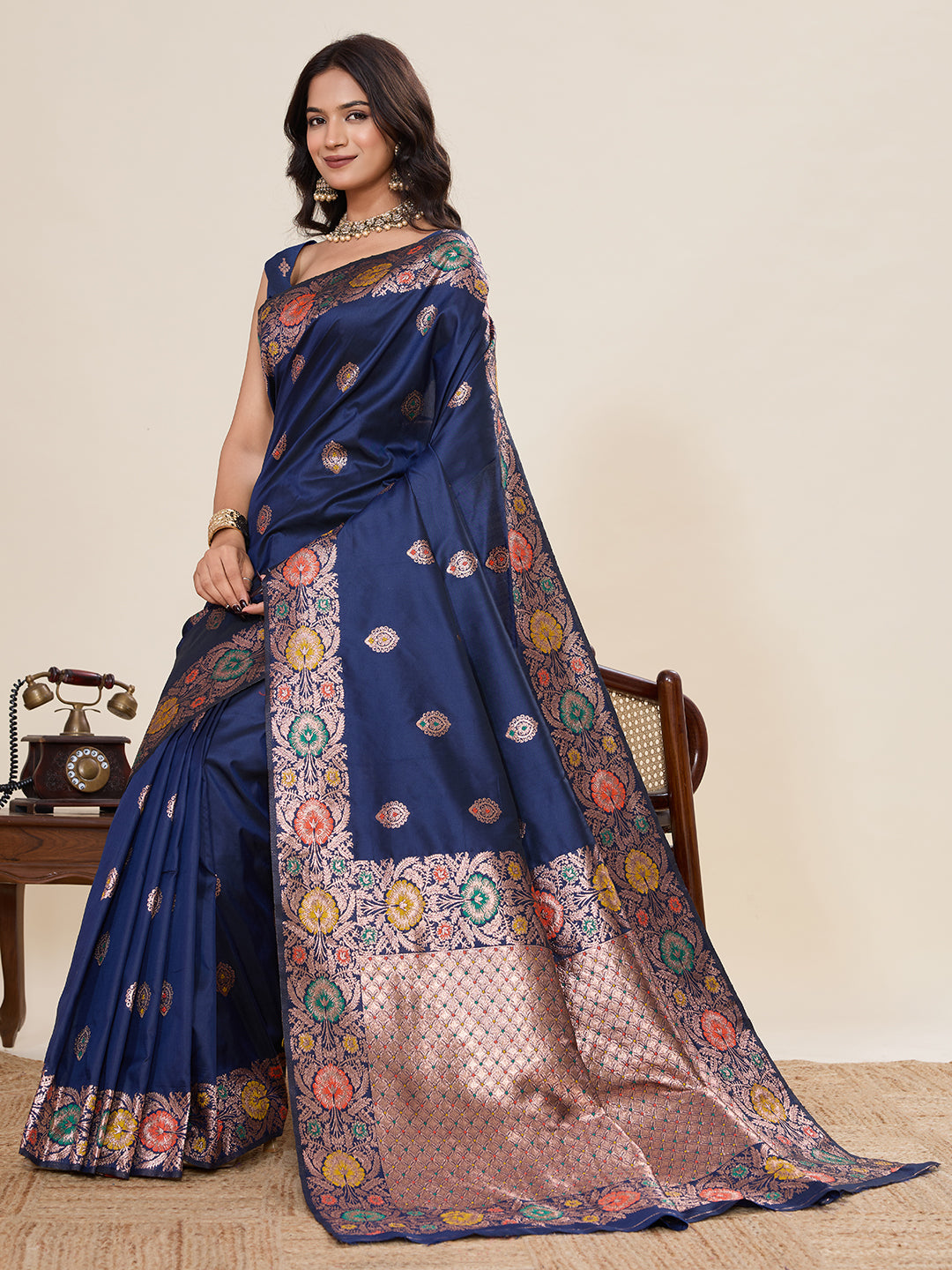 Vedant Vastram Soft Litchi Silk Banarasi Silk Jacquard Saree - Navy Blue - Distacart