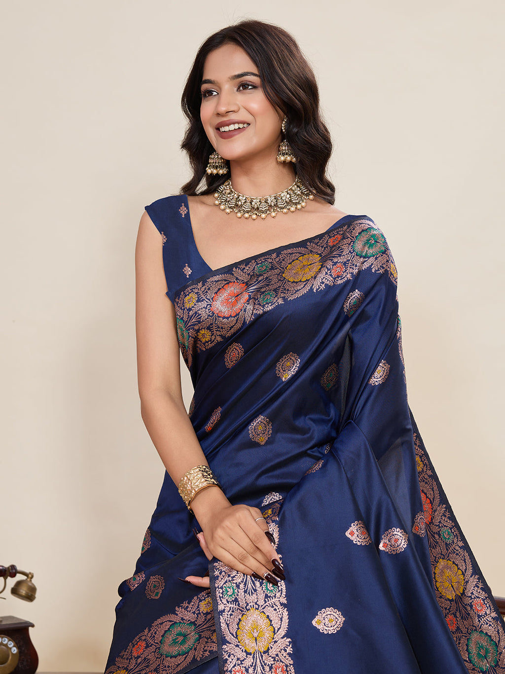 Vedant Vastram Soft Litchi Silk Banarasi Silk Jacquard Saree - Navy Blue - Distacart