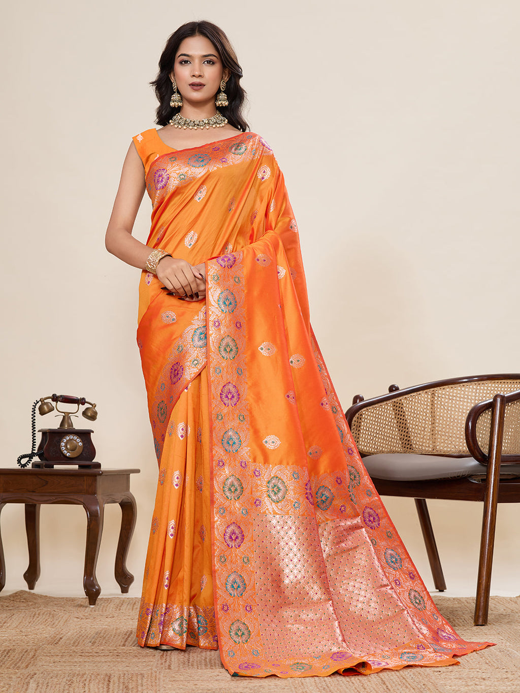Vedant Vastram Soft Litchi Silk Banarasi Silk Jacquard Saree - Orange