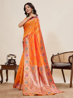 Vedant Vastram Soft Litchi Silk Banarasi Silk Jacquard Saree - Orange
