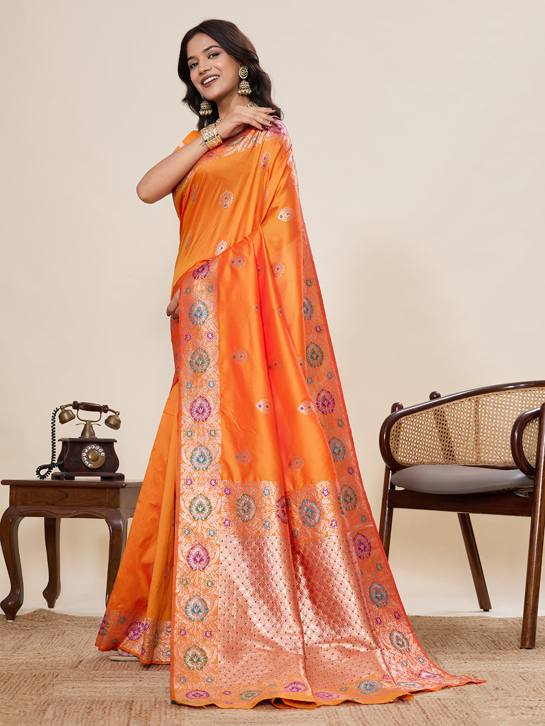 Vedant Vastram Soft Litchi Silk Banarasi Silk Jacquard Saree - Orange