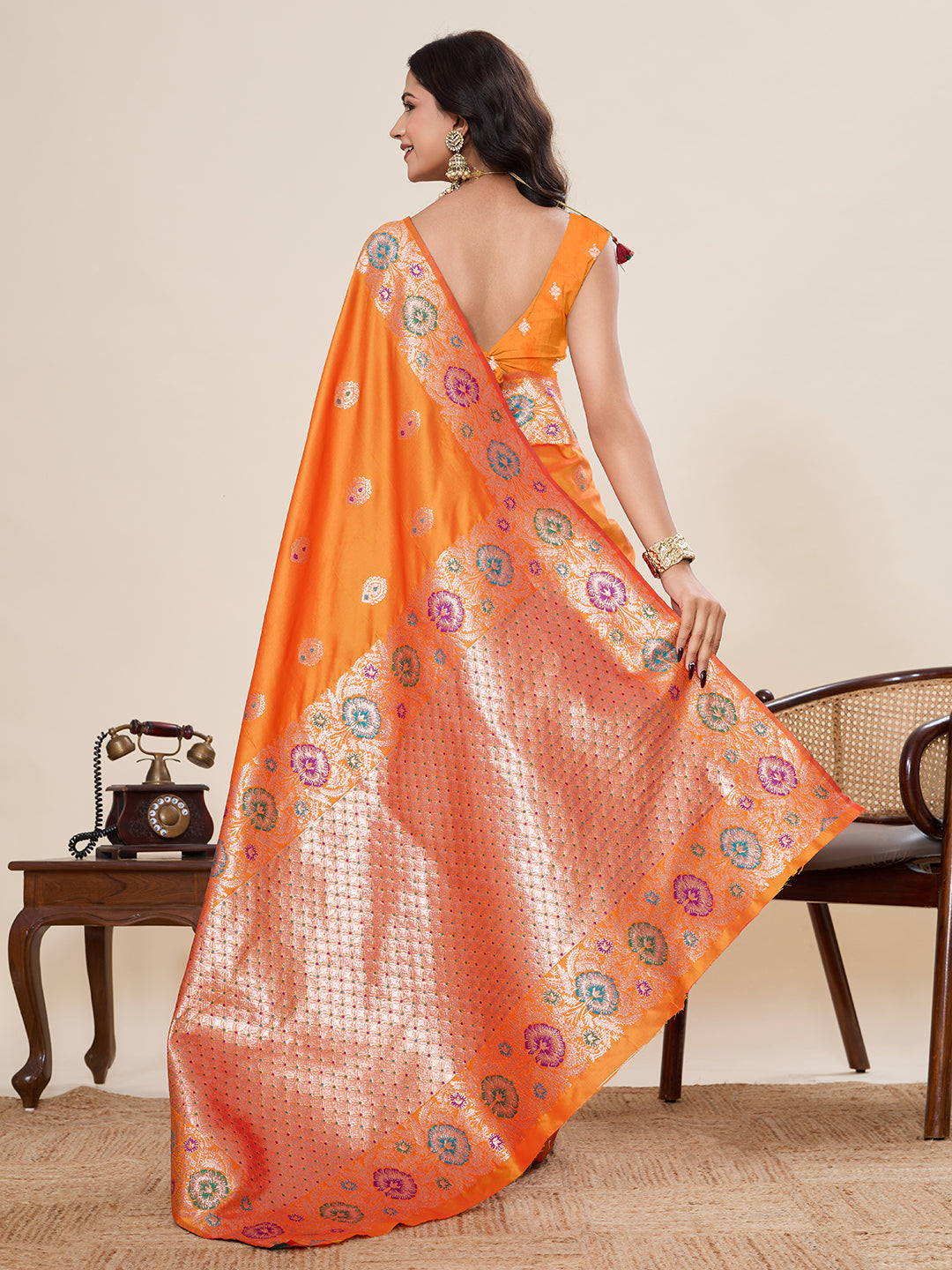 Vedant Vastram Soft Litchi Silk Banarasi Silk Jacquard Saree - Orange