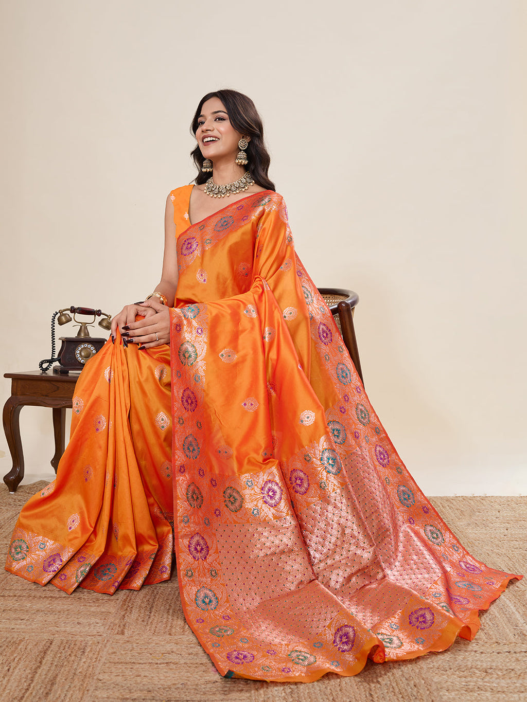 Vedant Vastram Soft Litchi Silk Banarasi Silk Jacquard Saree - Orange