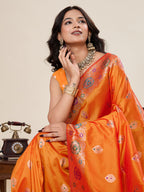 Vedant Vastram Soft Litchi Silk Banarasi Silk Jacquard Saree - Orange