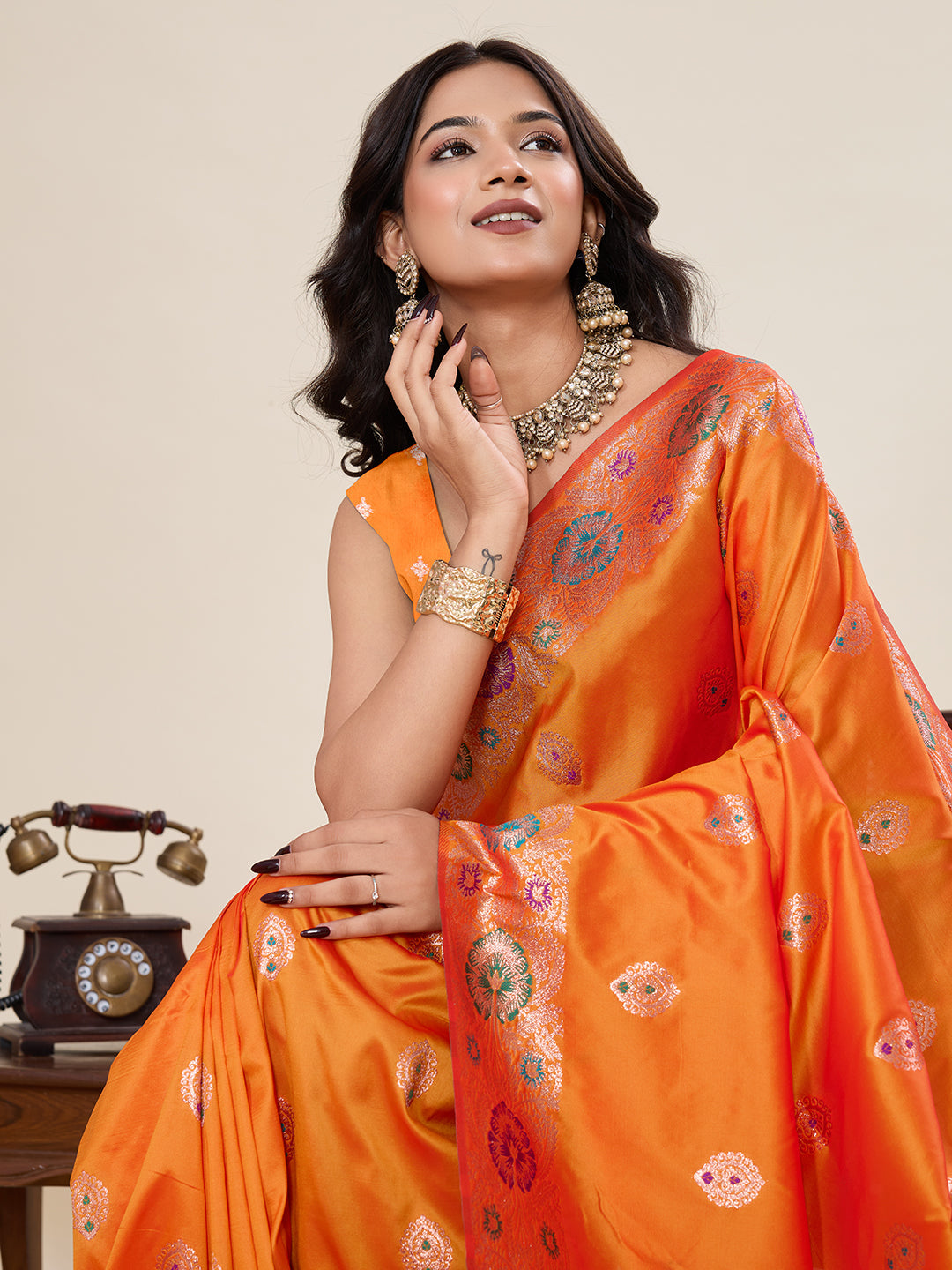 Vedant Vastram Soft Litchi Silk Banarasi Silk Jacquard Saree - Orange