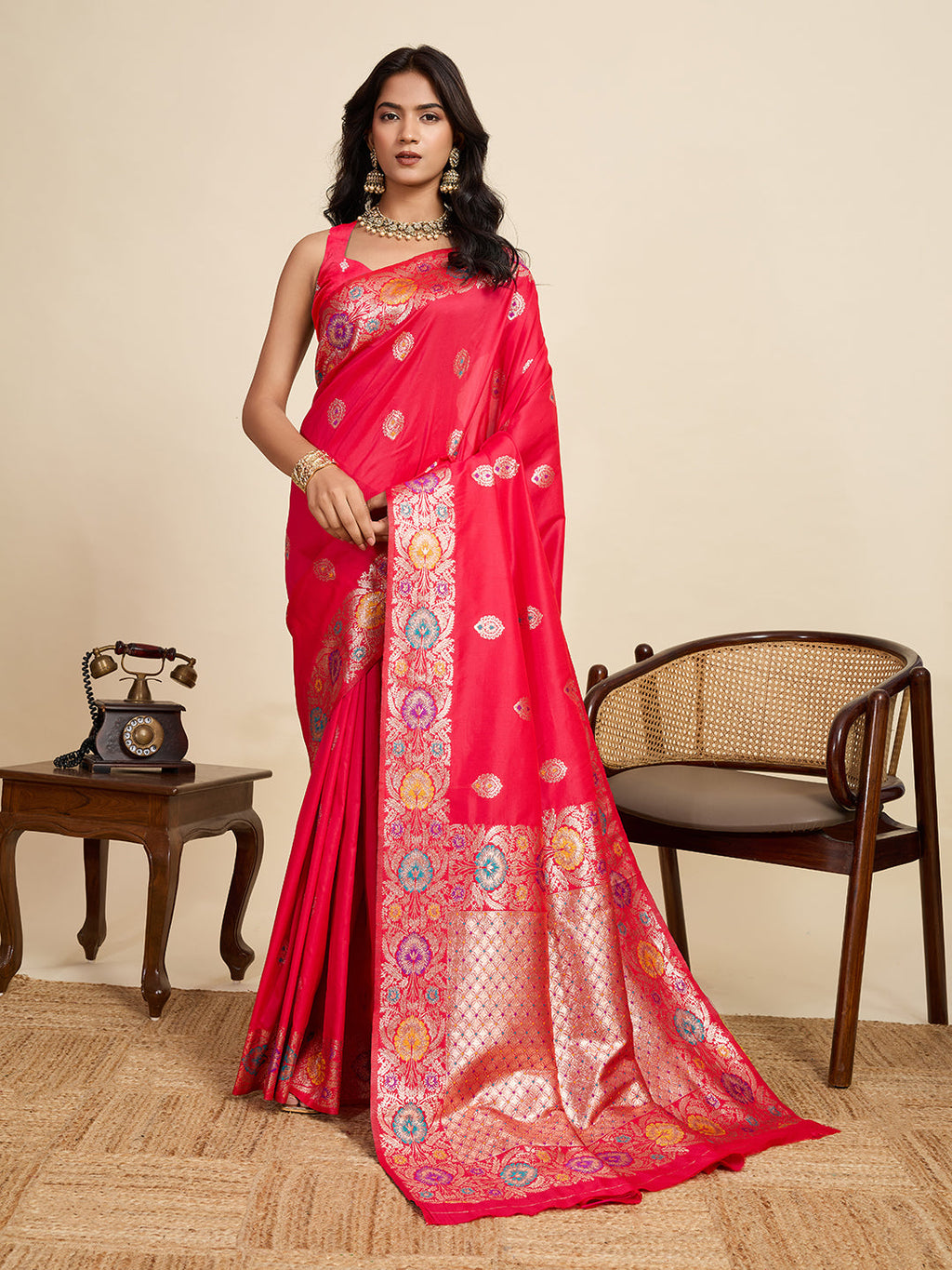 Vedant Vastram Soft Litchi Silk Banarasi Silk Jacquard Saree - Pink - Distacart