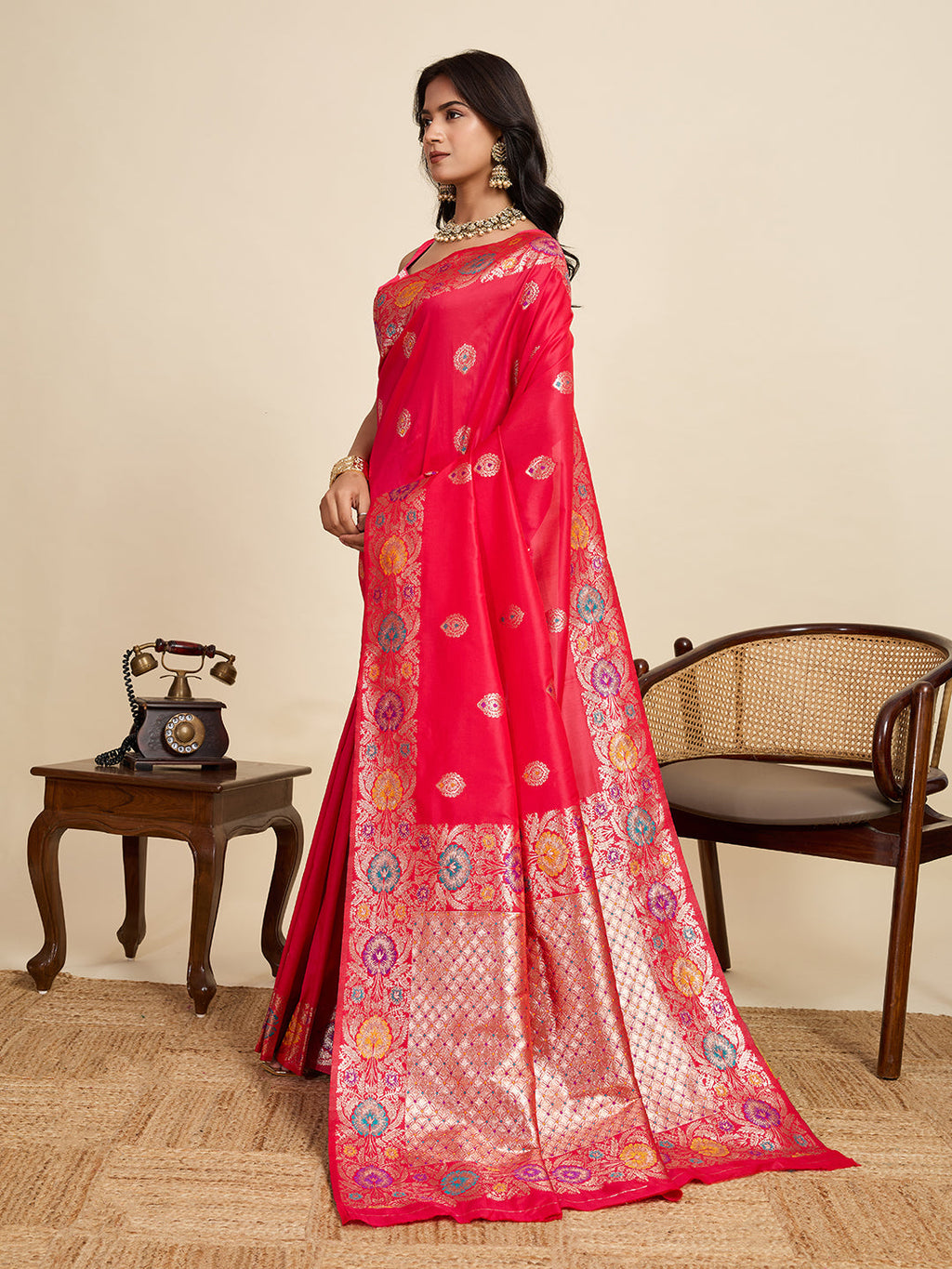 Vedant Vastram Soft Litchi Silk Banarasi Silk Jacquard Saree - Pink - Distacart