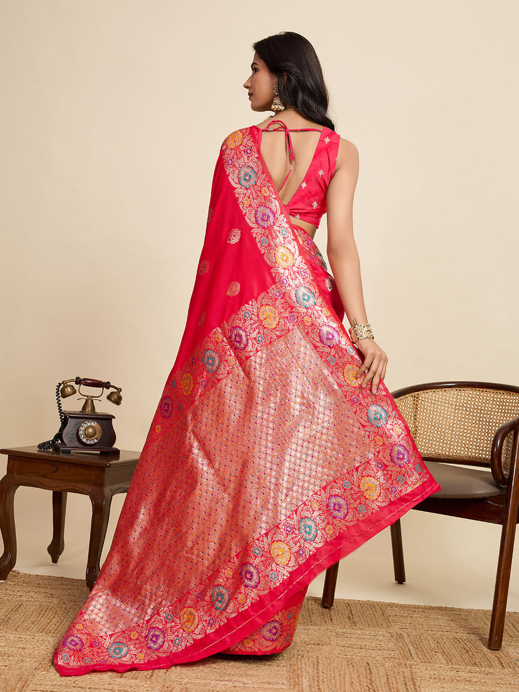 Vedant Vastram Soft Litchi Silk Banarasi Silk Jacquard Saree - Pink - Distacart