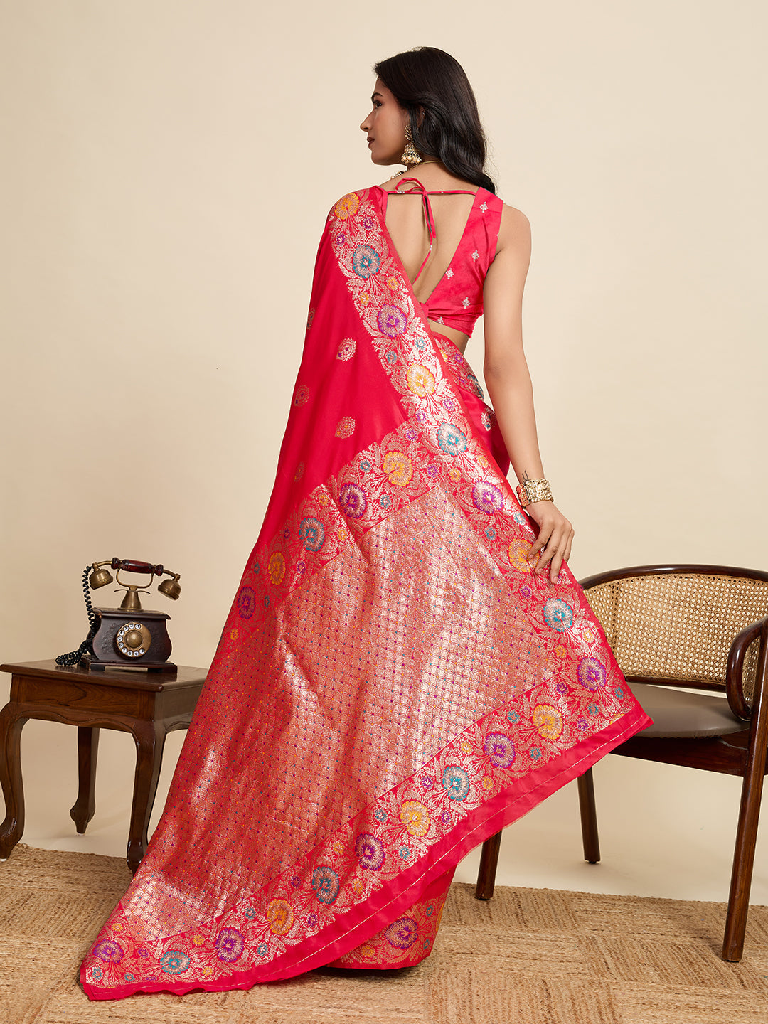 Vedant Vastram Soft Litchi Silk Banarasi Silk Jacquard Saree - Pink - Distacart