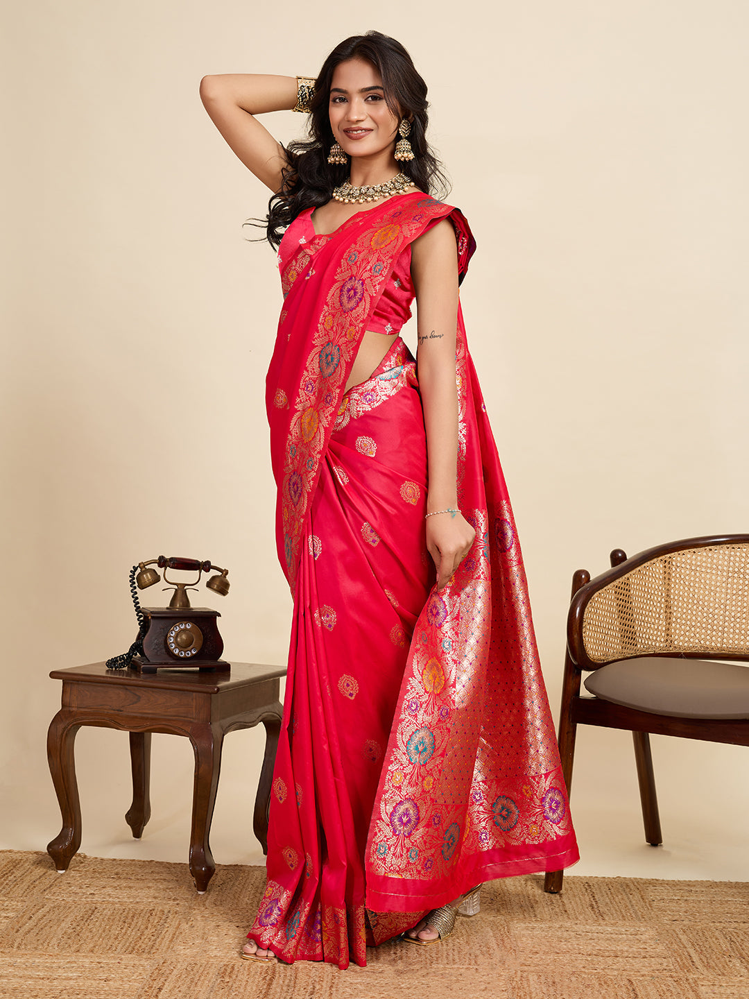 Vedant Vastram Soft Litchi Silk Banarasi Silk Jacquard Saree - Pink - Distacart