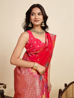 Vedant Vastram Soft Litchi Silk Banarasi Silk Jacquard Saree - Pink - Distacart