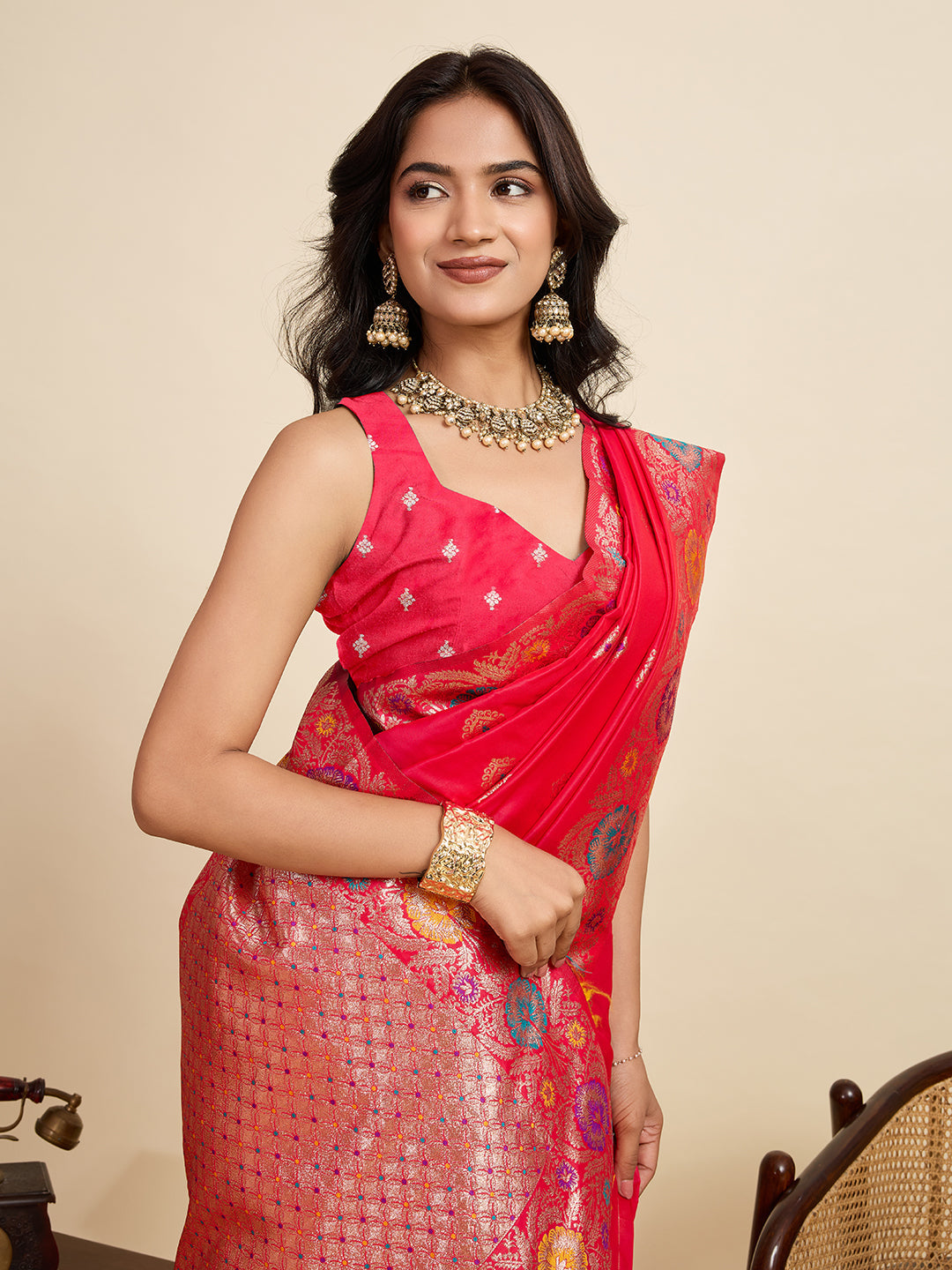 Vedant Vastram Soft Litchi Silk Banarasi Silk Jacquard Saree - Pink - Distacart