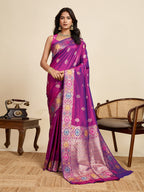 Vedant Vastram Soft Litchi Silk Banarasi Silk Jacquard Saree - Purple - Distacart