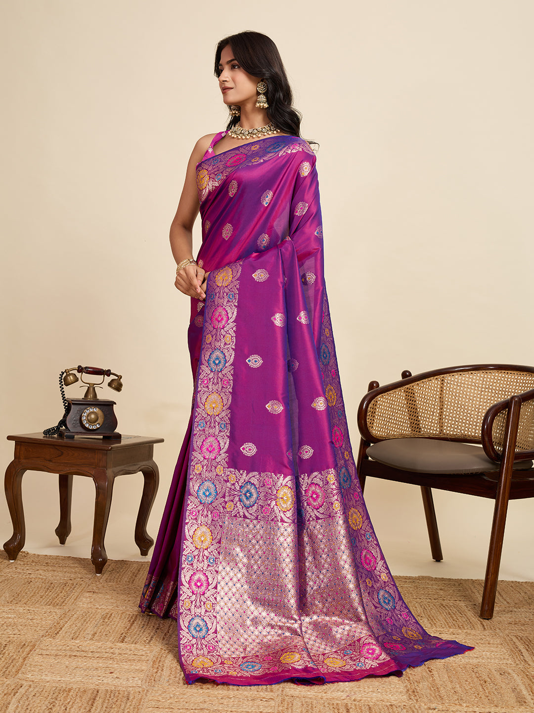 Vedant Vastram Soft Litchi Silk Banarasi Silk Jacquard Saree - Purple - Distacart