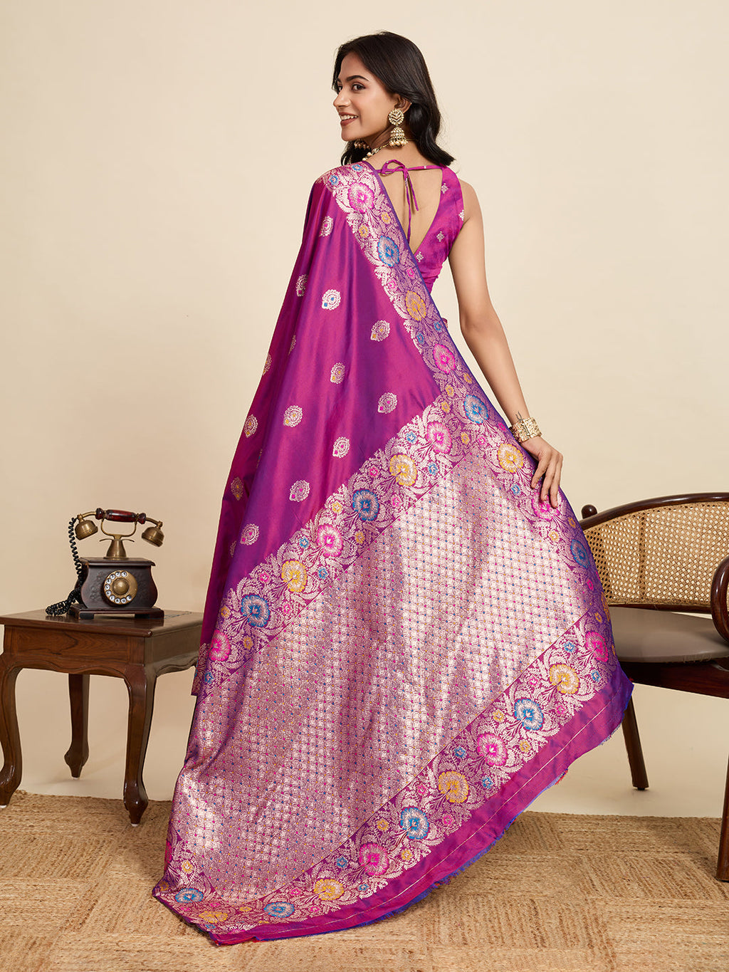 Vedant Vastram Soft Litchi Silk Banarasi Silk Jacquard Saree - Purple - Distacart