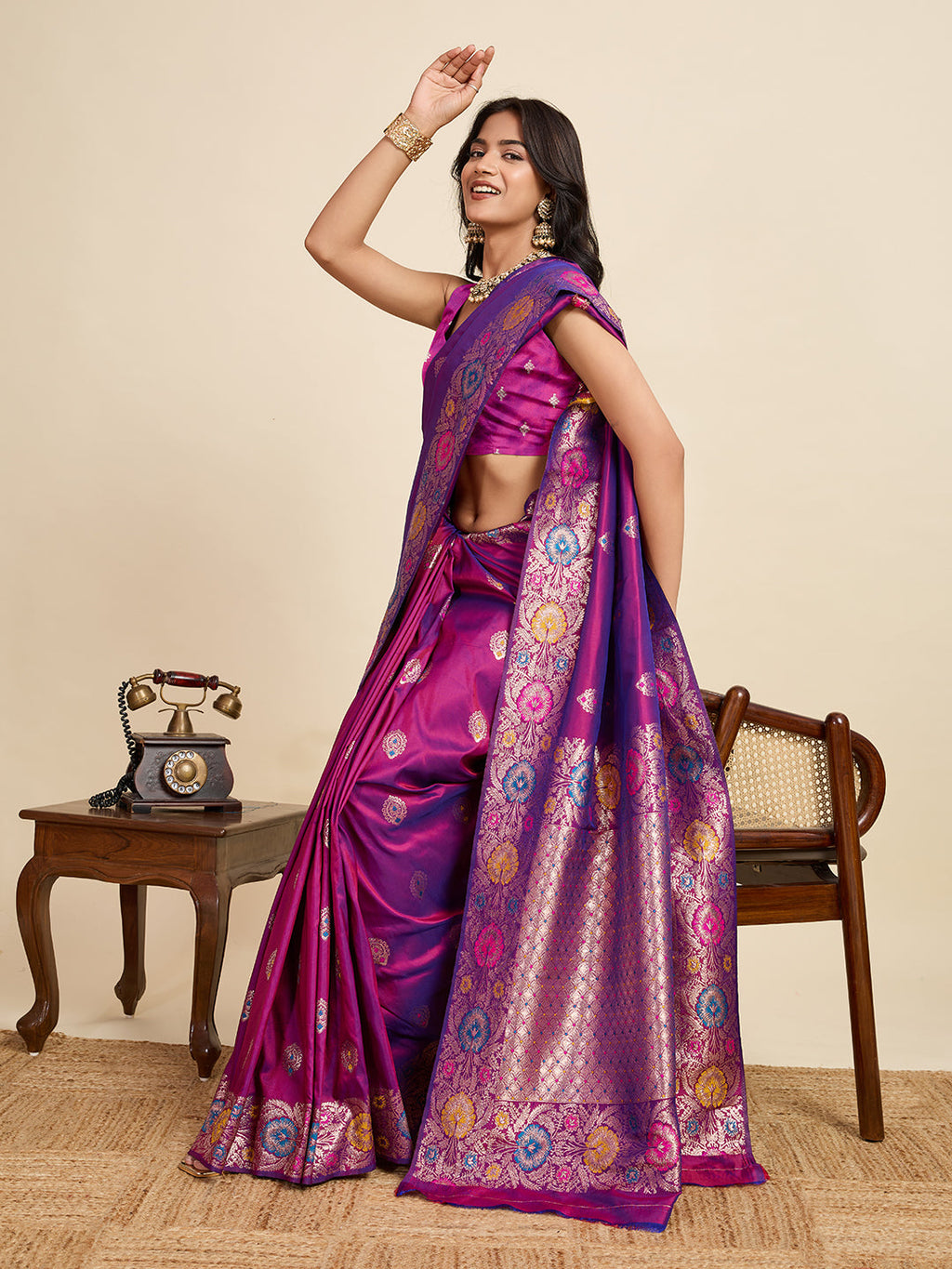 Vedant Vastram Soft Litchi Silk Banarasi Silk Jacquard Saree - Purple - Distacart