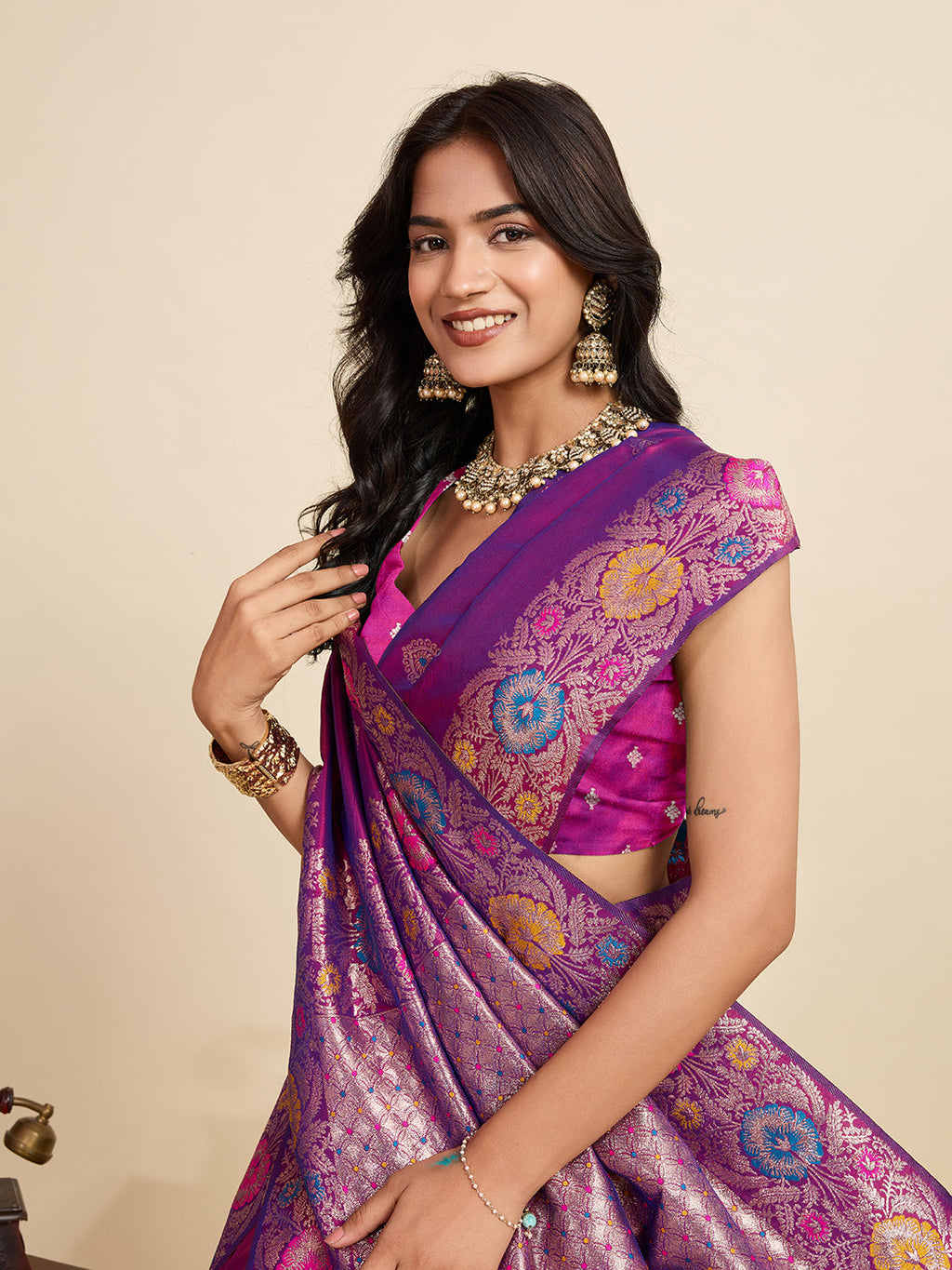 Vedant Vastram Soft Litchi Silk Banarasi Silk Jacquard Saree - Purple - Distacart