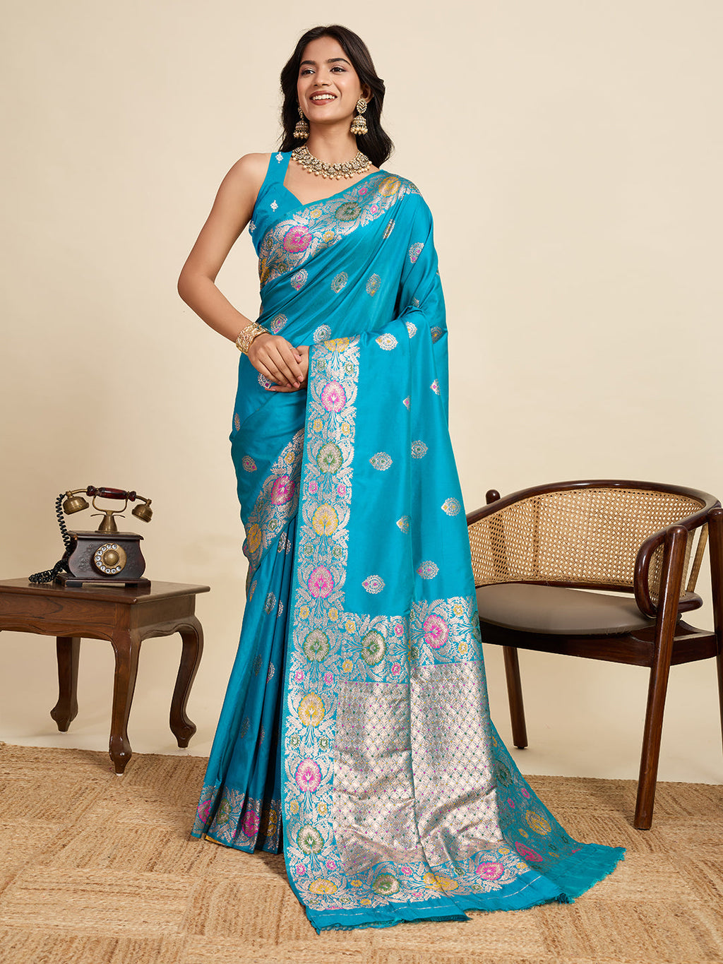 Vedant Vastram Soft Litchi Silk Banarasi Silk Jacquard Saree - Rama - Distacart