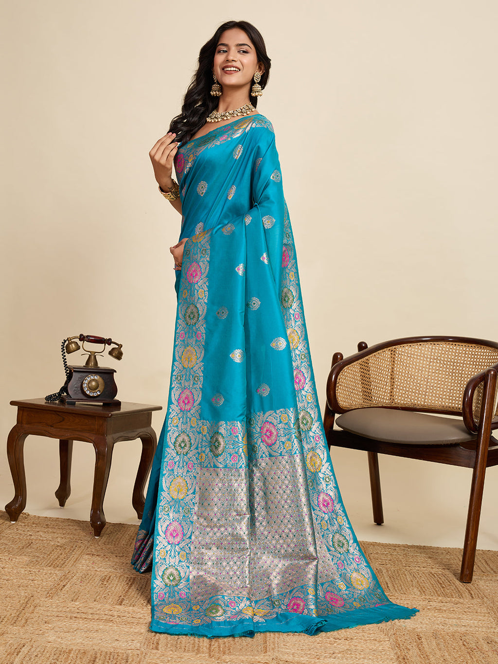 Vedant Vastram Soft Litchi Silk Banarasi Silk Jacquard Saree - Rama - Distacart