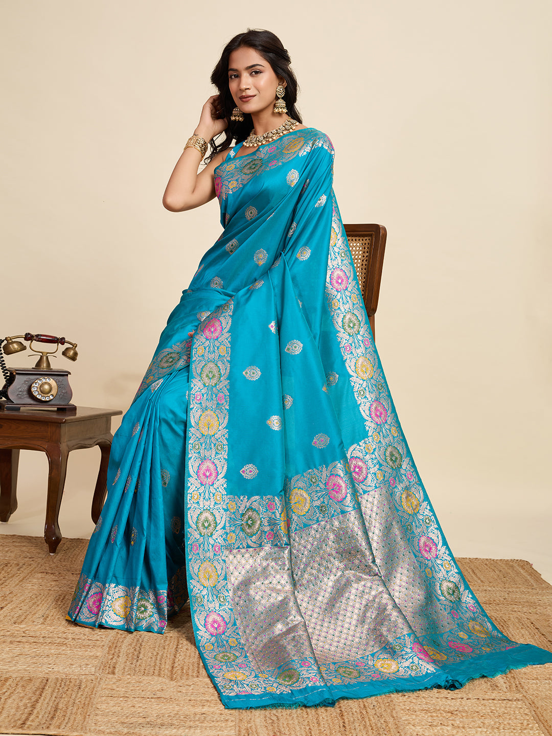 Vedant Vastram Soft Litchi Silk Banarasi Silk Jacquard Saree - Rama - Distacart