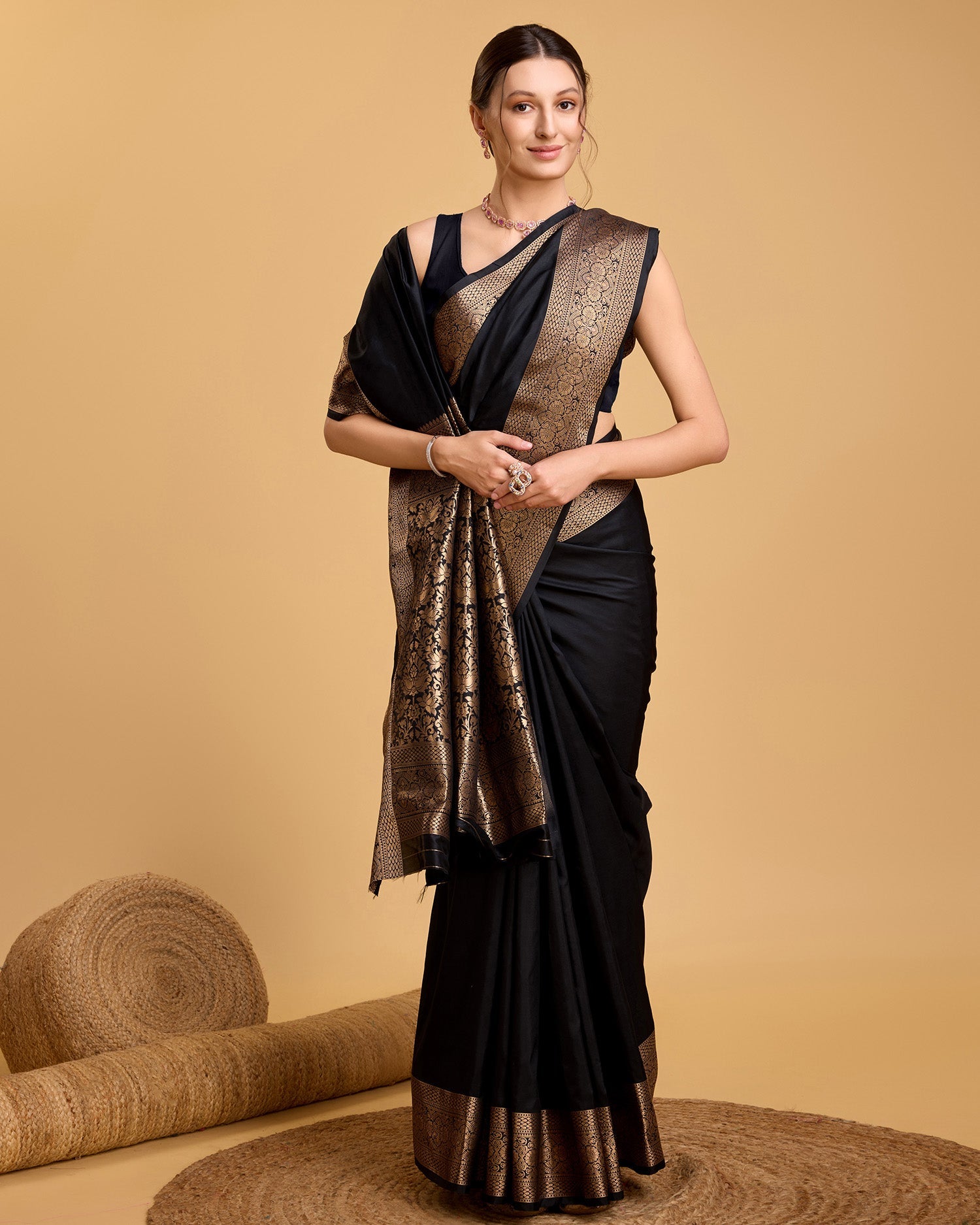 Vedant Vastram Soft Litchi Silk Banarasi Silk Saree - Black - Distacart