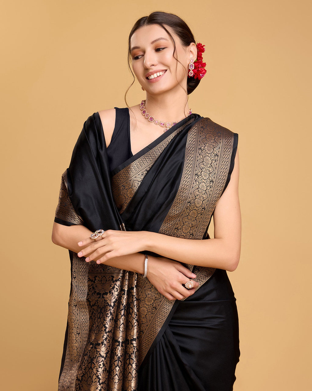 Vedant Vastram Soft Litchi Silk Banarasi Silk Saree - Black - Distacart