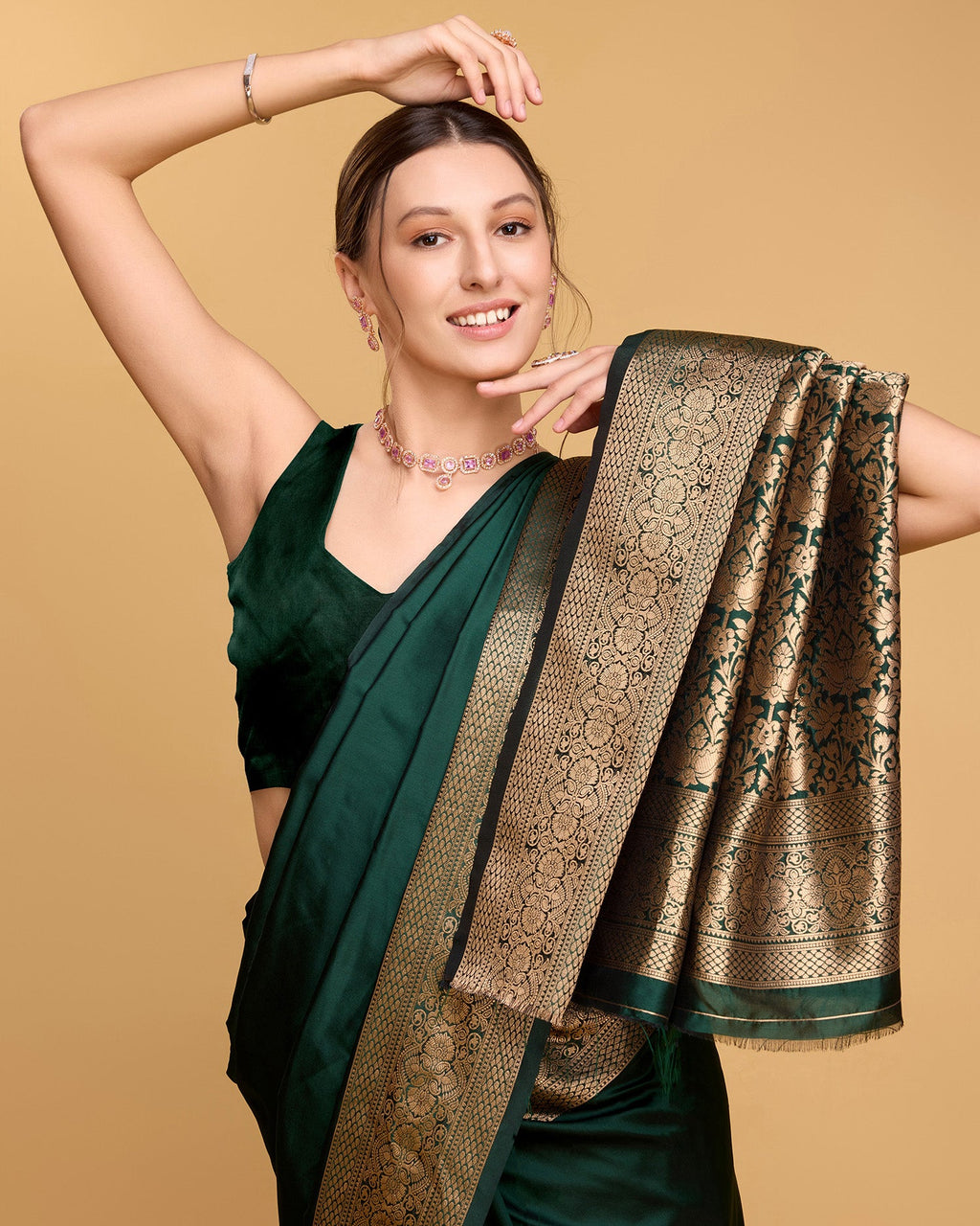 Vedant Vastram Soft Litchi Silk Banarasi Silk Saree - Green - Distacart