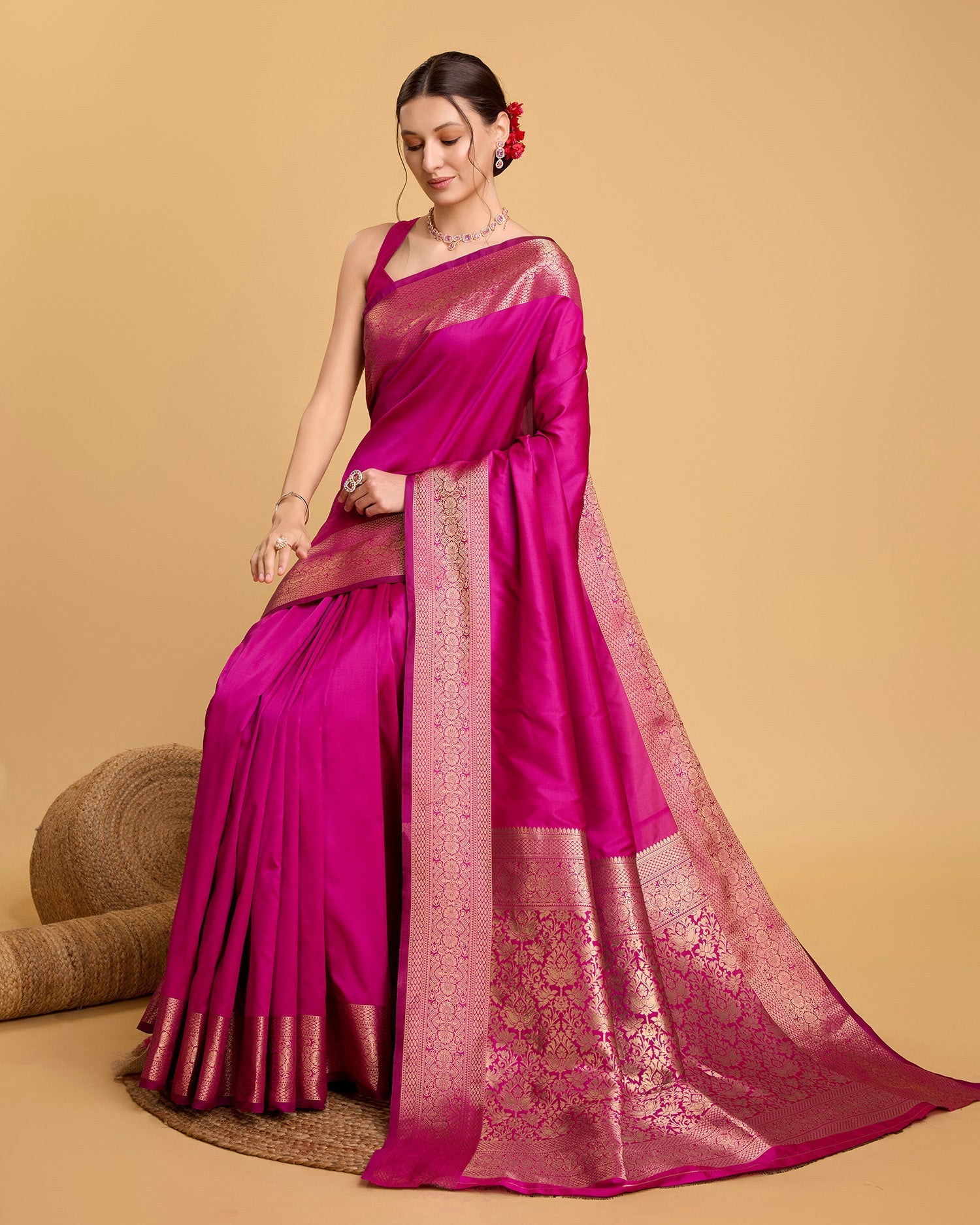 Vedant Vastram Soft Litchi Silk Banarasi Silk Saree - Magenta - Distacart