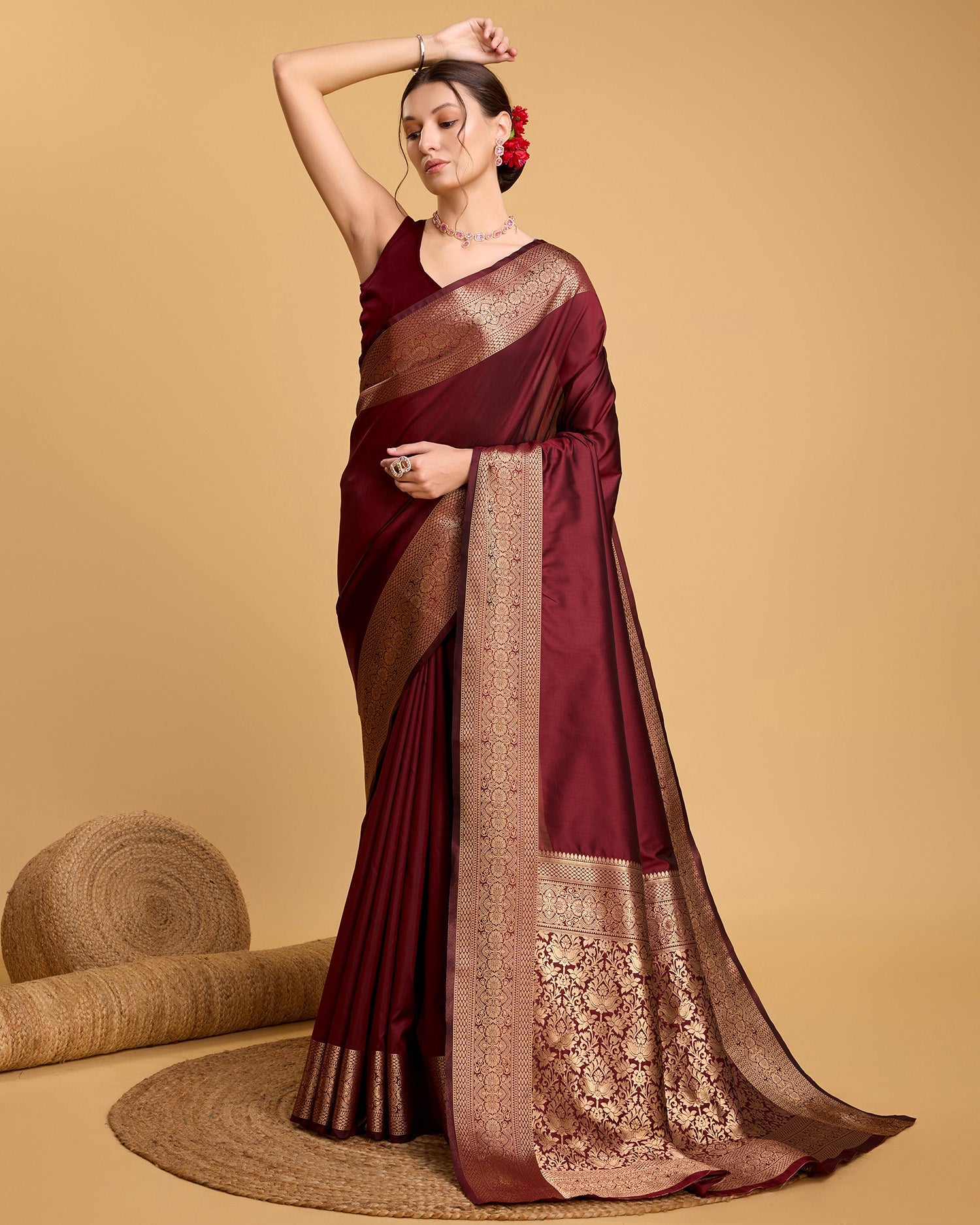 Vedant Vastram Soft Litchi Silk Banarasi Silk Saree - Maroon - Distacart