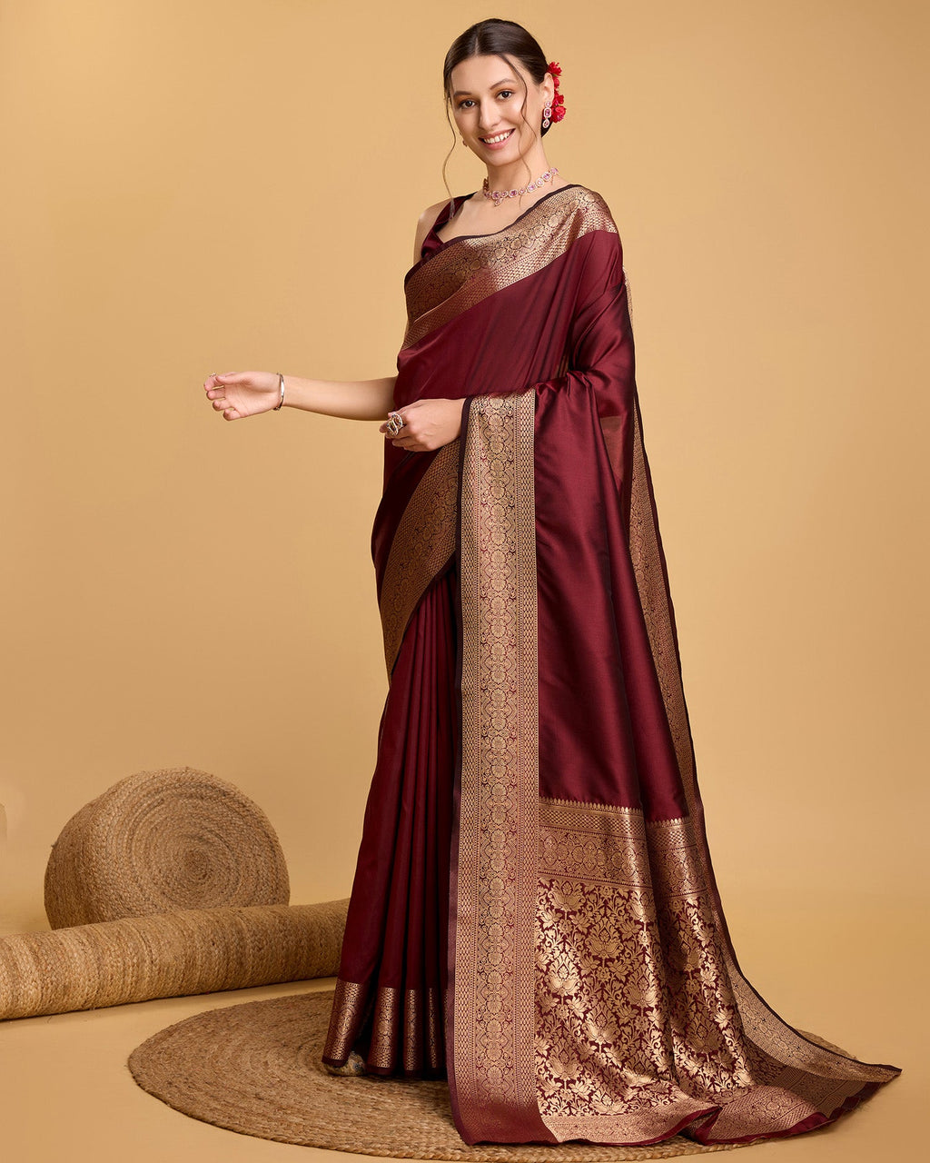 Vedant Vastram Soft Litchi Silk Banarasi Silk Saree - Maroon - Distacart