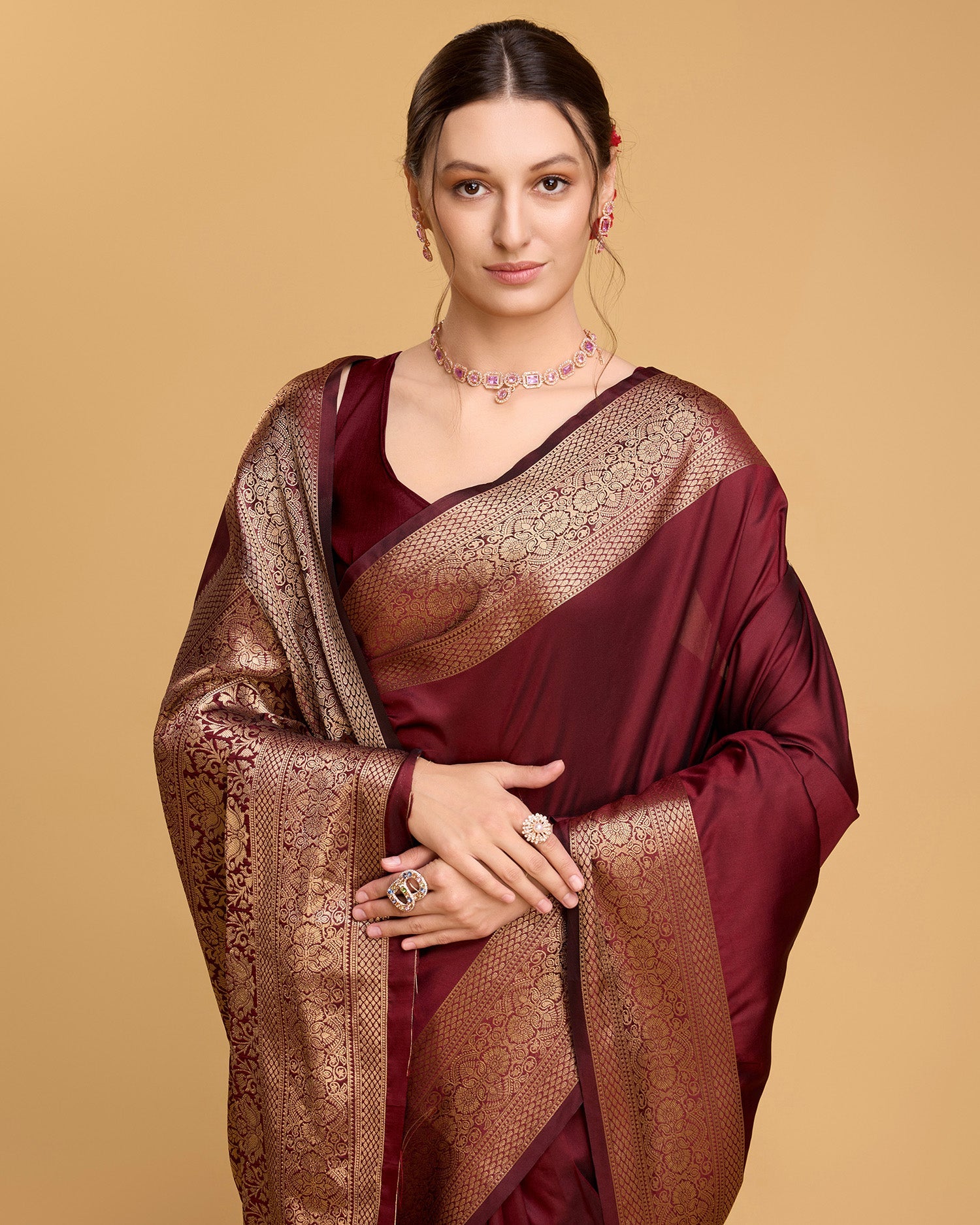 Vedant Vastram Soft Litchi Silk Banarasi Silk Saree - Maroon - Distacart
