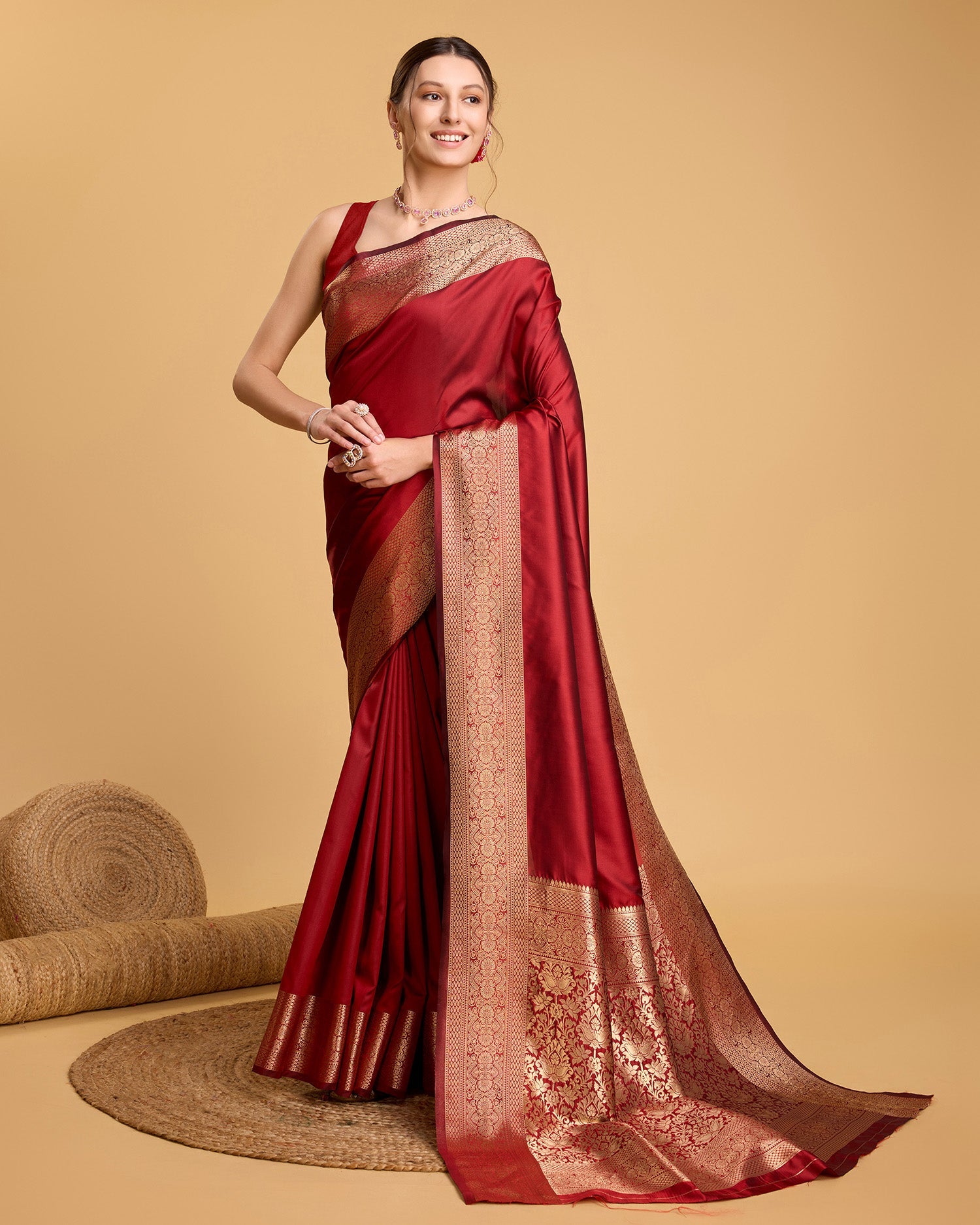 Vedant Vastram Soft Litchi Silk Banarasi Silk Saree - Red - Distacart