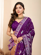 Vedant Vastram Maslin Dola Silk Kanjeevaram Silk Saree - Purple