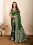 Vedant Vastram Maslin Dola Silk Kanjeevaram Silk Saree - Mahendi