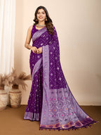 Vedant Vastram Maslin Dola Silk Kanjeevaram Silk Saree - Purple