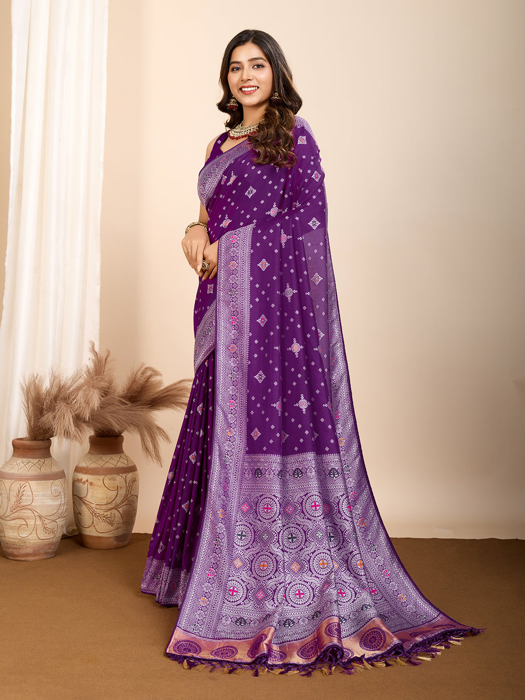 Vedant Vastram Maslin Dola Silk Kanjeevaram Silk Saree - Purple