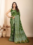 Vedant Vastram Maslin Dola Silk Kanjeevaram Silk Saree - Mahendi