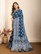 Vedant Vastram Maslin Dola Silk Kanjeevaram Silk Saree - Navy