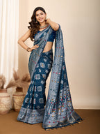 Vedant Vastram Maslin Dola Silk Kanjeevaram Silk Saree - Navy