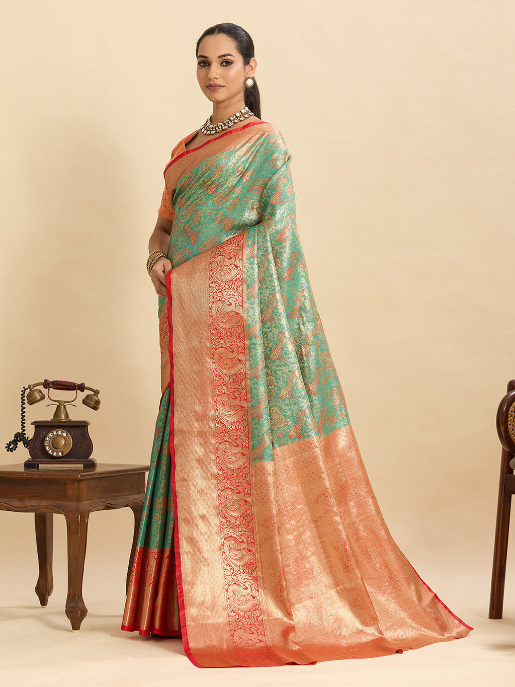 Vedant Vastram Soft Litchi Silk Kanjeevaram Silk Jacquard Saree - Green - Distacart