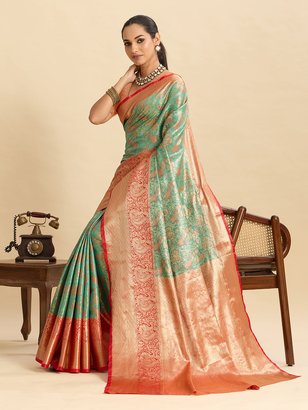 Vedant Vastram Soft Litchi Silk Kanjeevaram Silk Jacquard Saree - Green - Distacart
