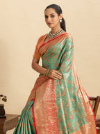 Vedant Vastram Soft Litchi Silk Kanjeevaram Silk Jacquard Saree - Green - Distacart