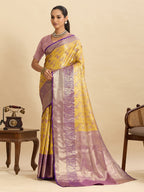 Vedant Vastram Soft Litchi Silk Kanjeevaram Silk Jacquard Saree - Yellow - Distacart