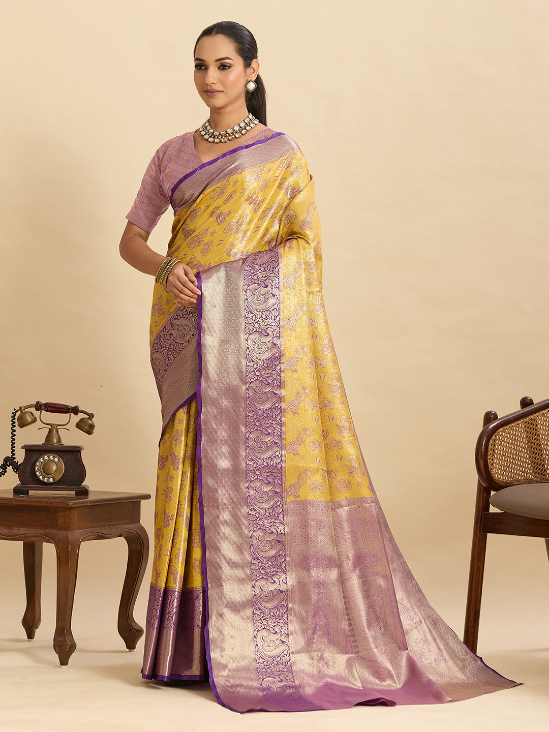 Vedant Vastram Soft Litchi Silk Kanjeevaram Silk Jacquard Saree - Yellow - Distacart