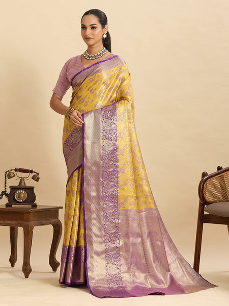Vedant Vastram Soft Litchi Silk Kanjeevaram Silk Jacquard Saree - Yellow