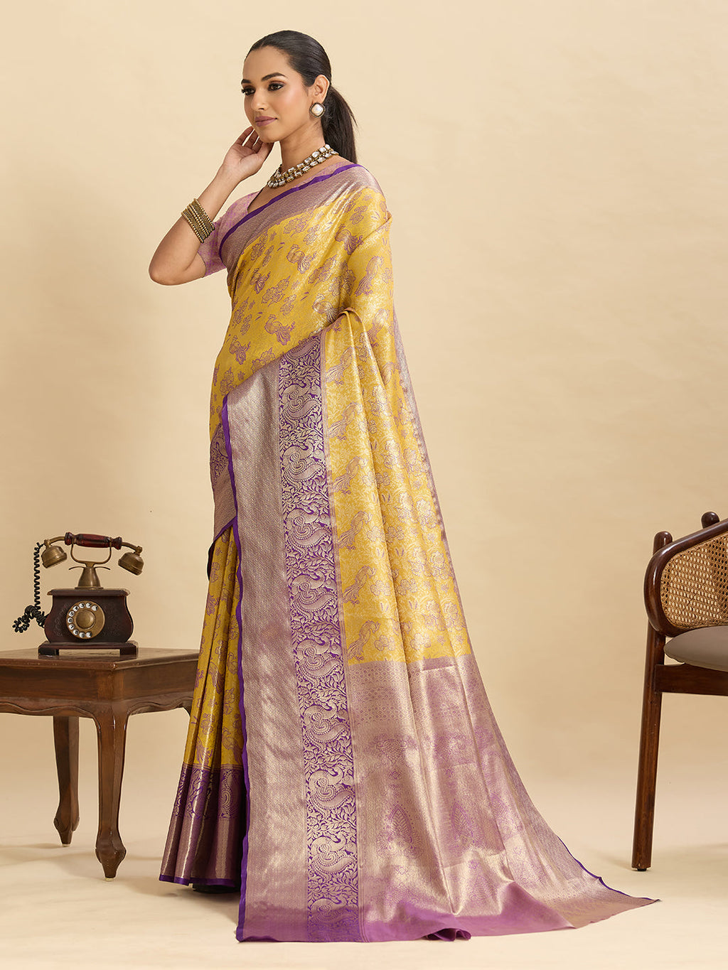 Vedant Vastram Soft Litchi Silk Kanjeevaram Silk Jacquard Saree - Yellow - Distacart